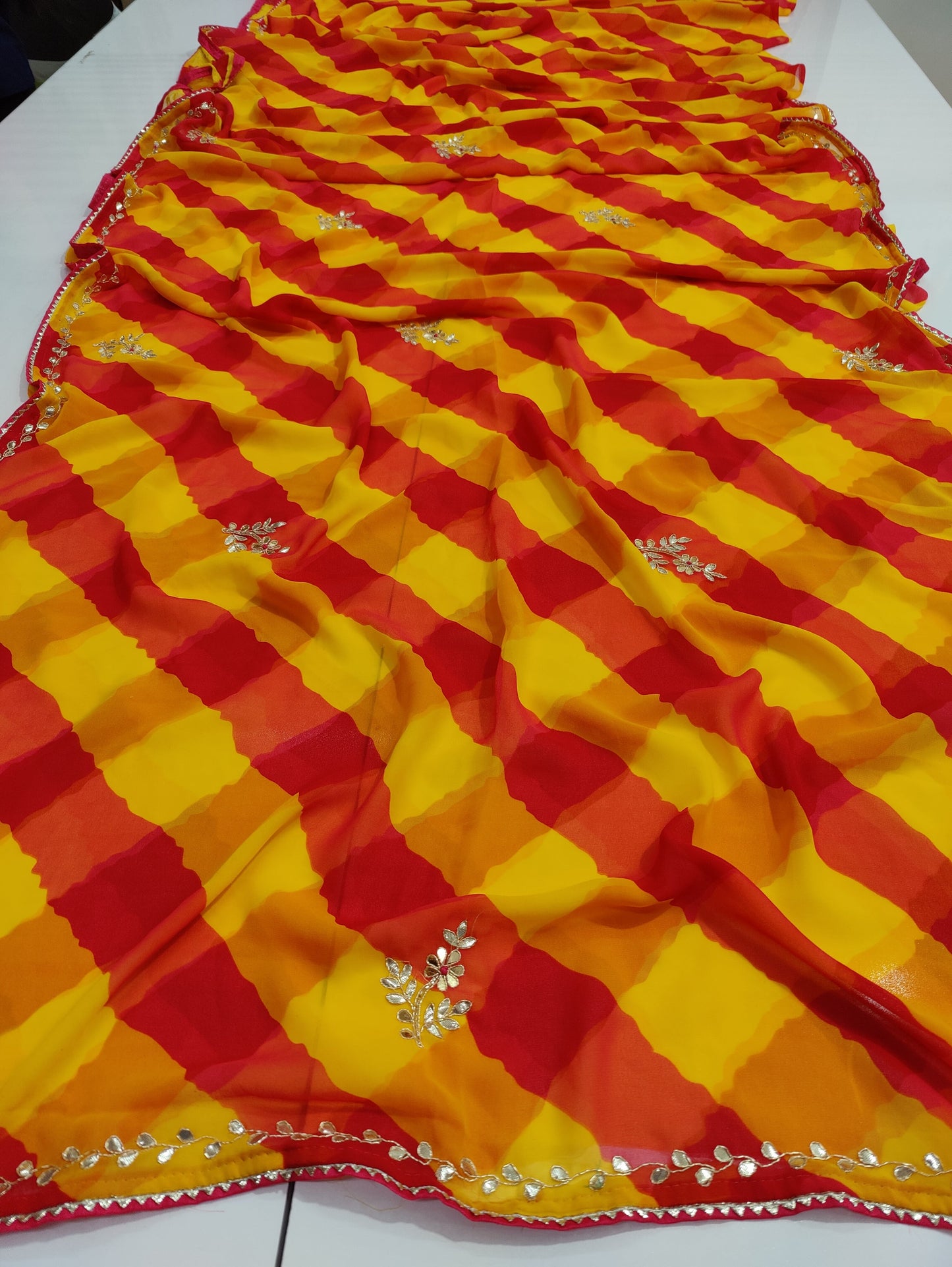 Georgette Bandhani & Leheriya Gotapatti Handwork Sarees With Blouse Amt Nr Yellow Red Saree