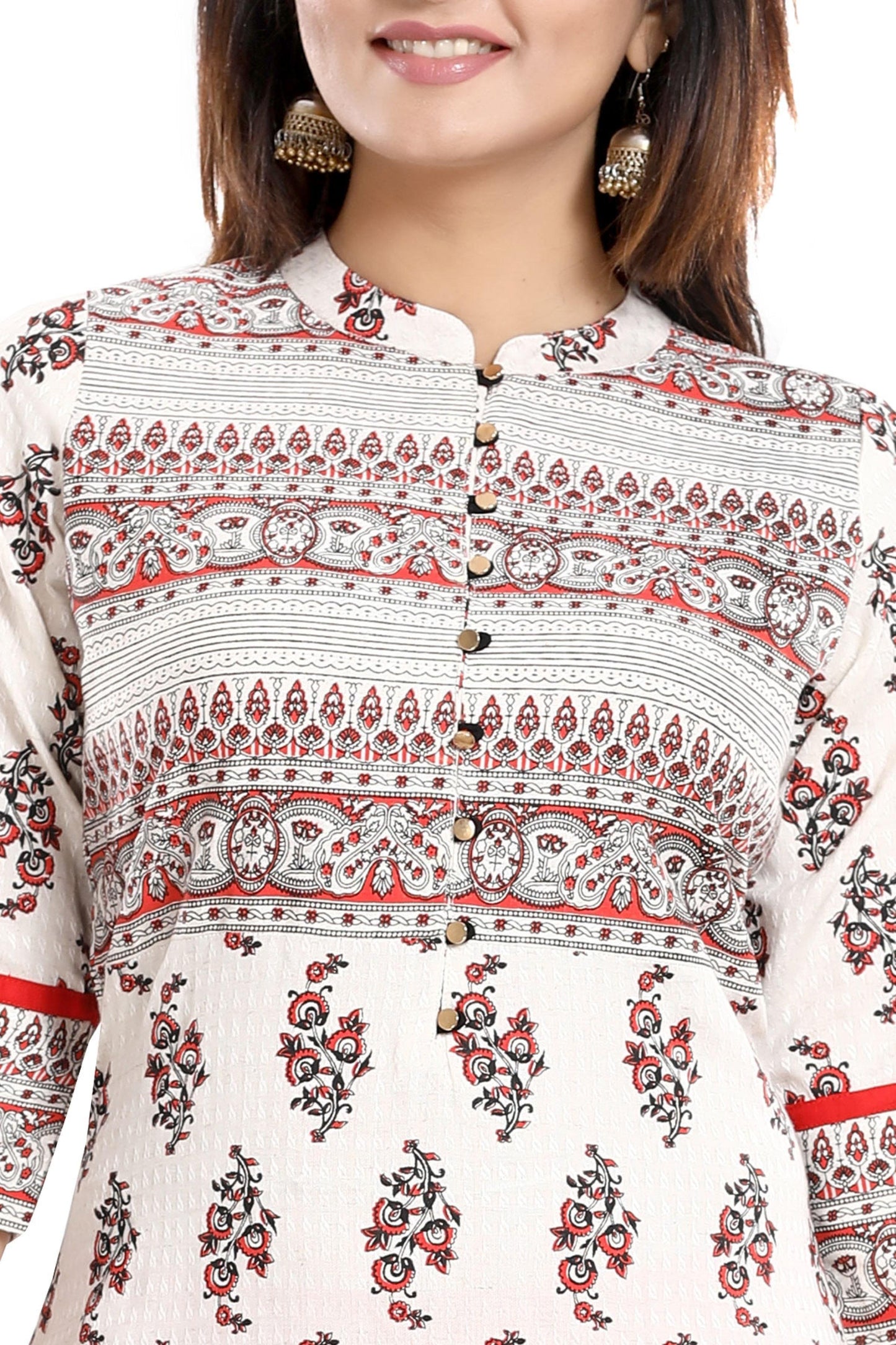 Comfortable Cream Designer Long Flared Cotton Tunic With Ethnic Print - keshubaba