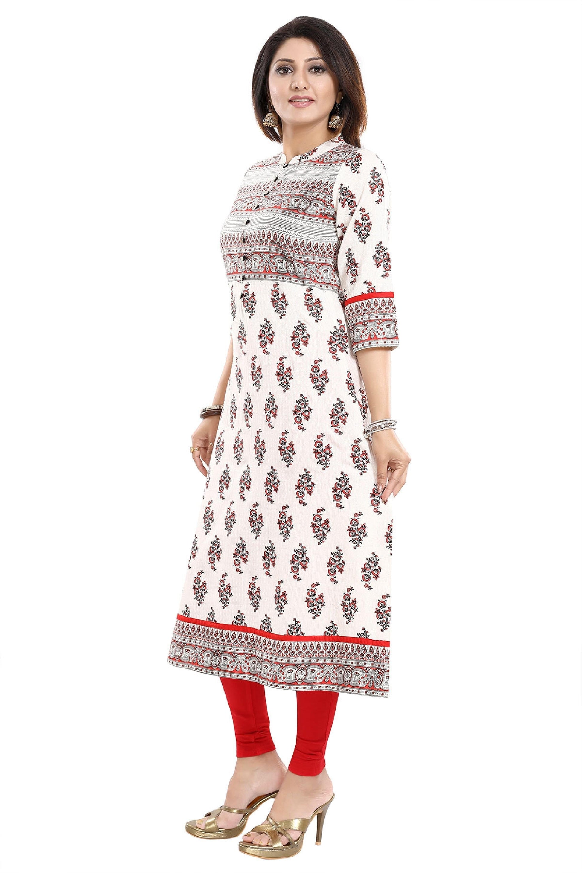 Comfortable Cream Designer Long Flared Cotton Tunic With Ethnic Print - keshubaba