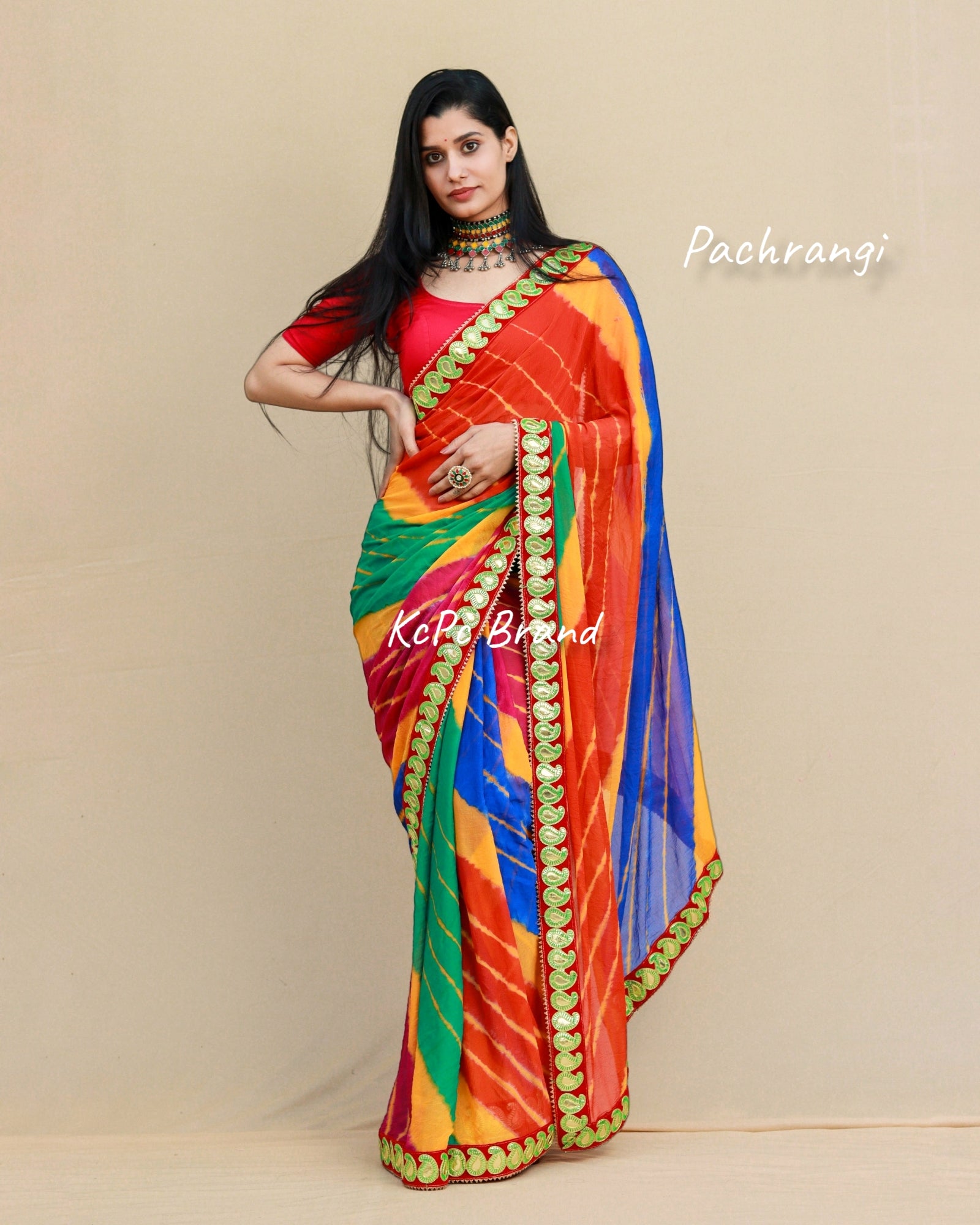 KCPC Special Pure Georgette Pachranga Bandhej Gotapatti Work Saree mhs –  KcPc Bandhani