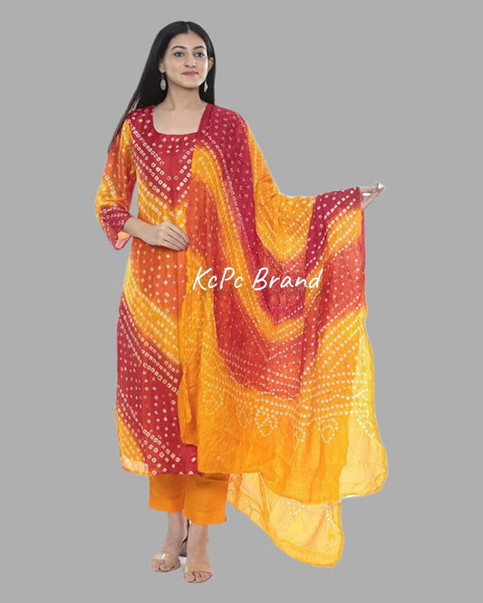 Art Silk Bandhani Dress Material Or Kc Yellow Red Orange Suits
