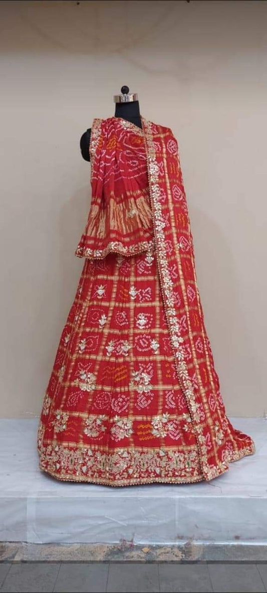 Pure Gaji Silk Bandhani Ghatchola Handwork Lehenga Nr Satis Red