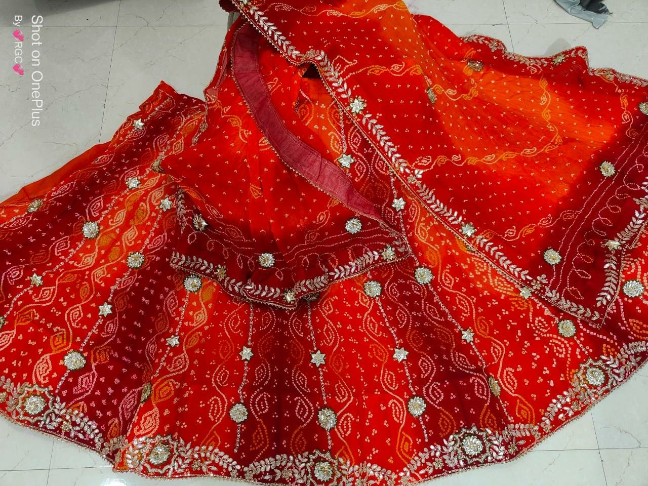 Designer Partywear Bandhani Jaipuri Pure Raidana Lehenga With Pearl Resham Work Nr Satis Lehenga