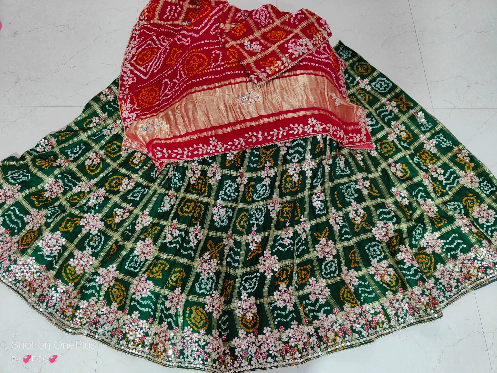 Pure Gaji Silk Bandhani Ghatchola Handwork Lehenga Nr Satis Green Red