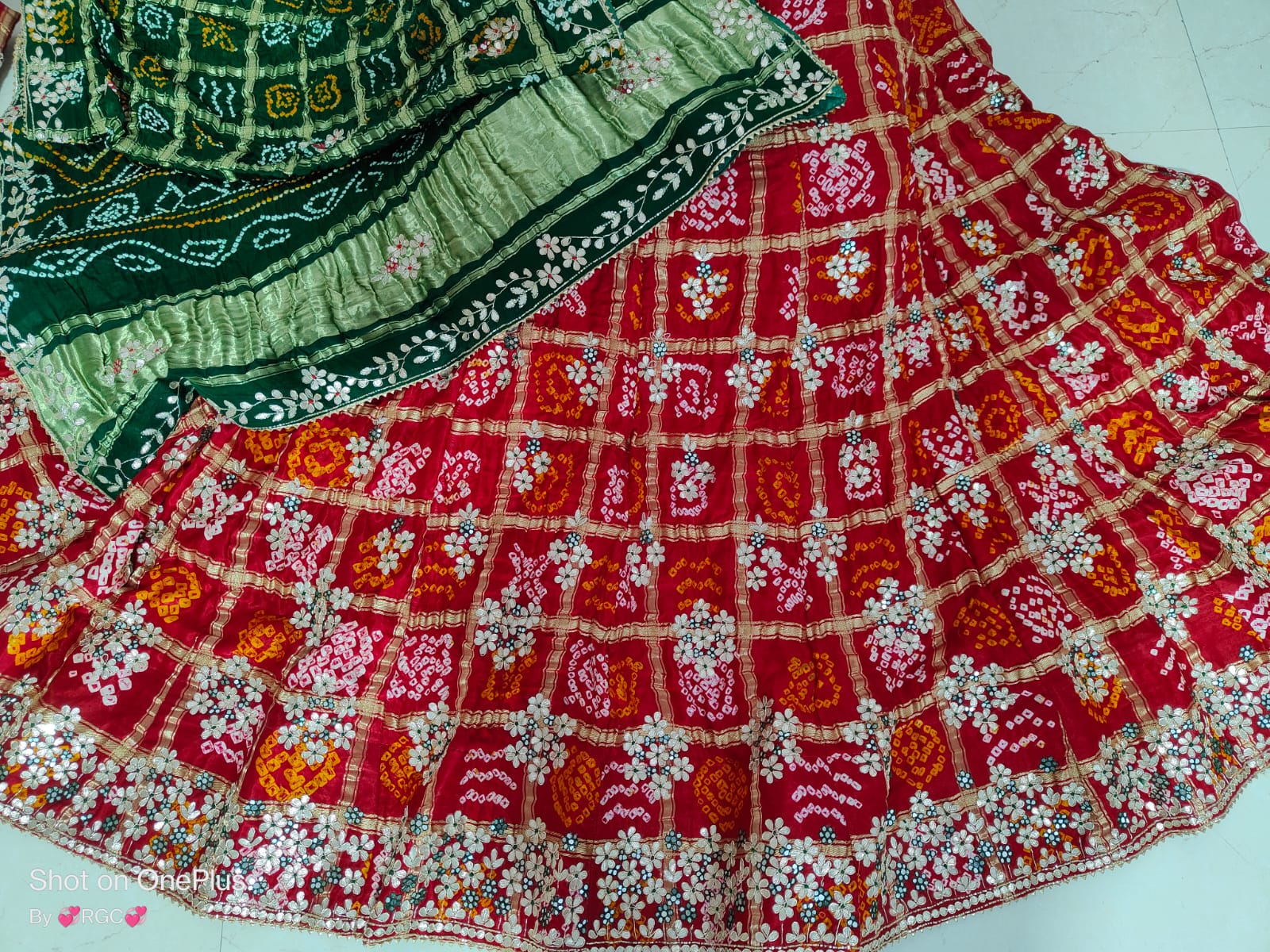 Pure Gaji Silk Bandhani Ghatchola Handwork Lehenga Nr Satis Red Green