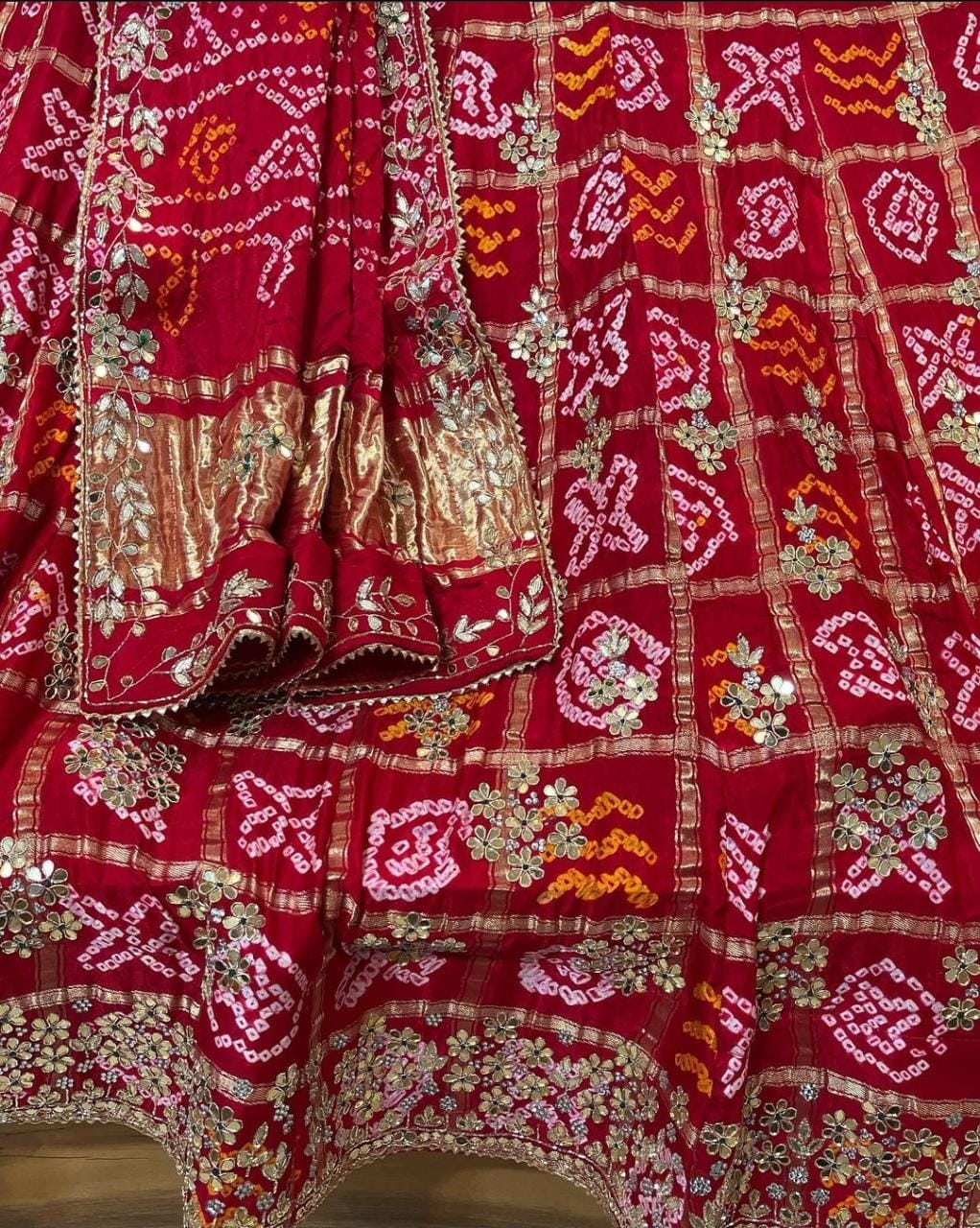 Pure Gaji Silk Bandhani Ghatchola Handwork Lehenga Nr Satis