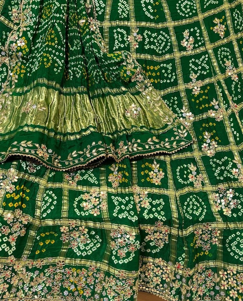 Pure Gaji Silk Bandhani Ghatchola Handwork Lehenga Nr Satis Green