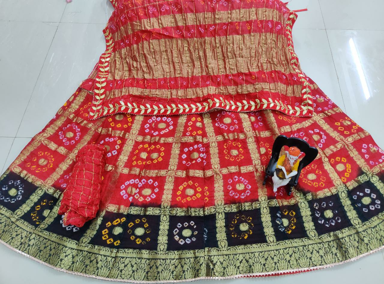 Bandhani Silk Ghatchola Rajasthani Latest Jaipuri Lehenga Chunni Set Nr Kml Red Black Lehenga