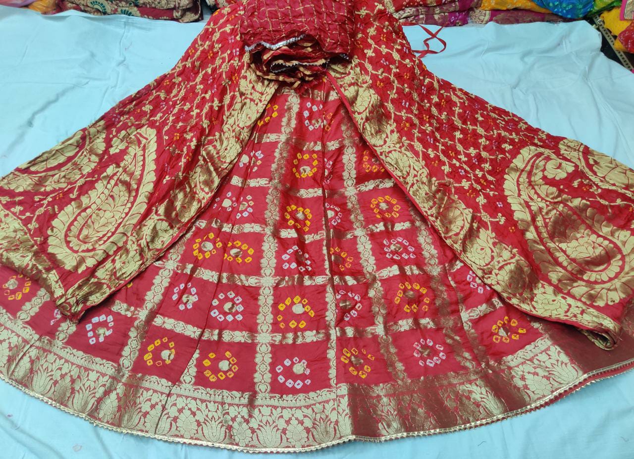 Bandhani Silk Ghatchola Rajasthani Latest Jaipuri Lehenga Chunni Set Nr Kml Red Lehenga