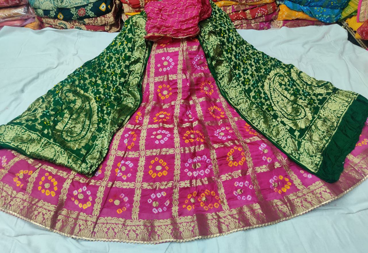 Bandhani Silk Ghatchola Rajasthani Latest Jaipuri Lehenga Chunni Set Nr Kml Rani Green Lehenga