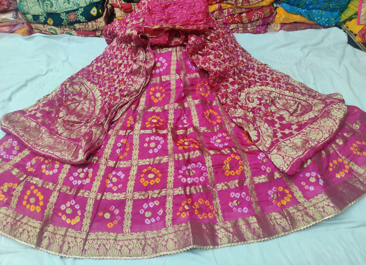 Bandhani Silk Ghatchola Rajasthani Latest Jaipuri Lehenga Chunni Set Nr Kml Rani Lehenga