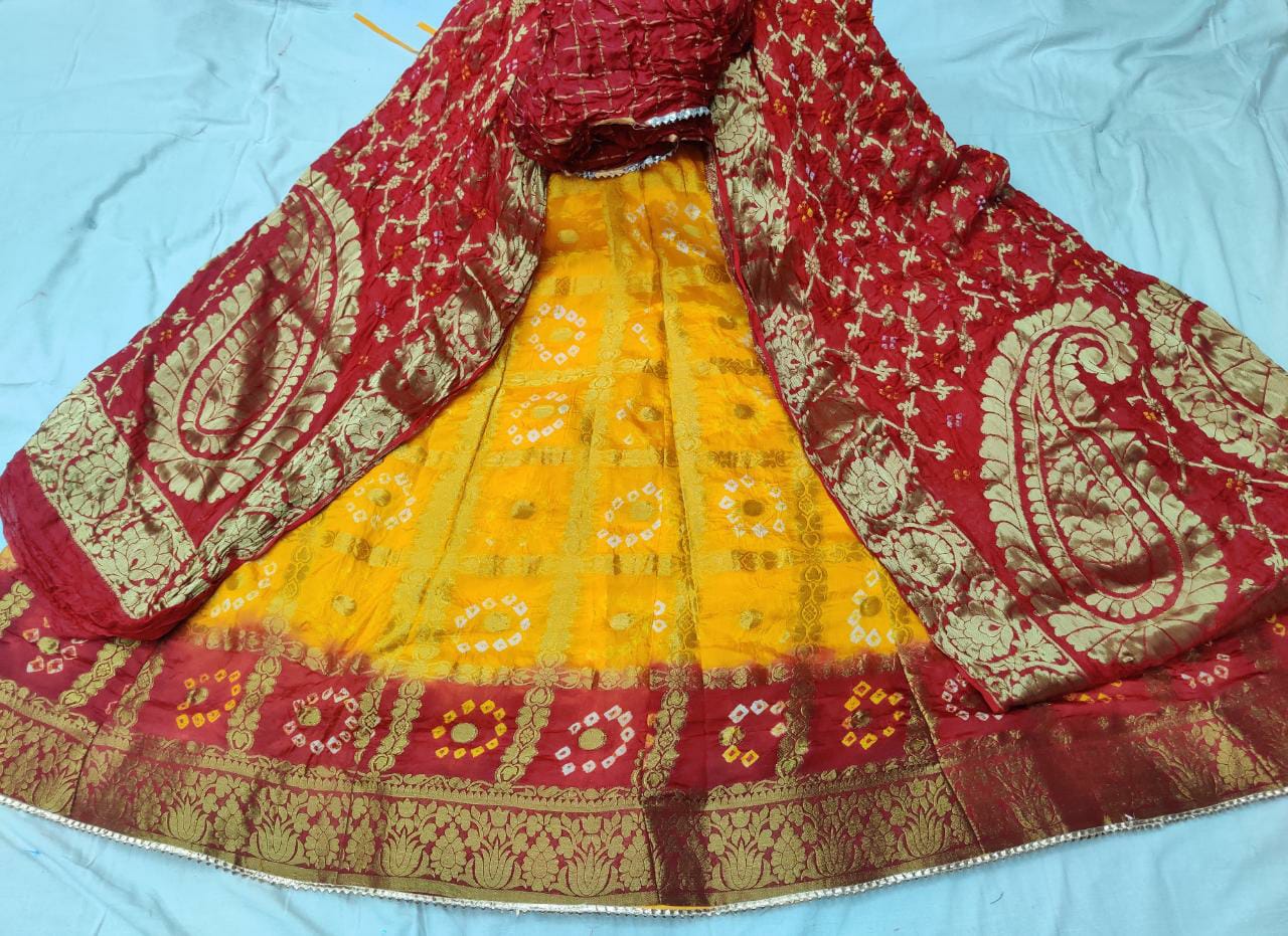 Bandhani Silk Ghatchola Rajasthani Latest Jaipuri Lehenga Chunni Set Nr Kml Yallow Red Lehenga