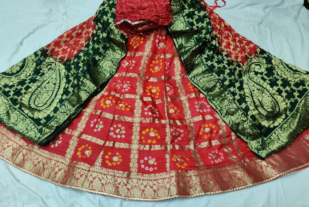 Bandhani Silk Ghatchola Rajasthani Latest Jaipuri Lehenga Chunni Set Nr Kml Lehenga