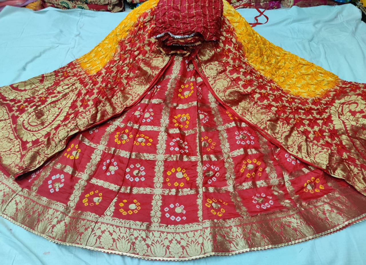 Bandhani Silk Ghatchola Rajasthani Latest jaipuri lehenga chunni set, –  Priyaz Gallery