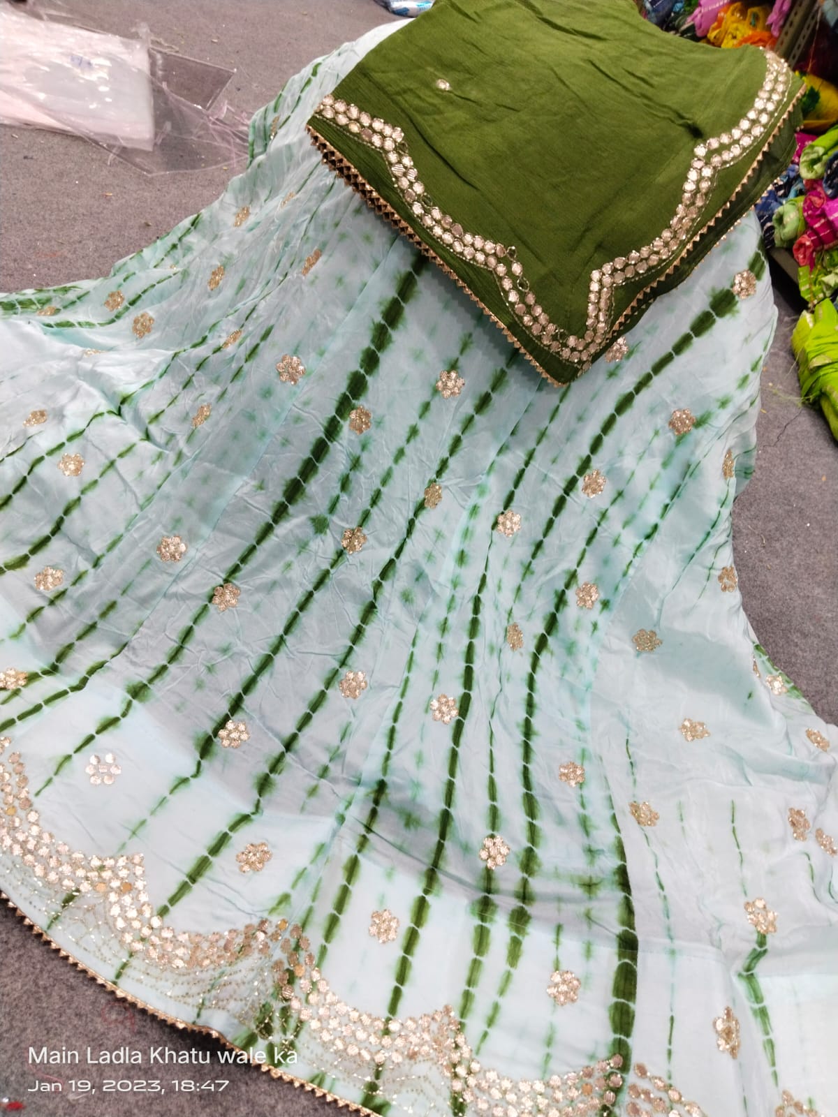 New Marble Design Pure Uppda Silk Cutdana Handwork Langha & Chinon Duptta Nr Kml Mehandi Green