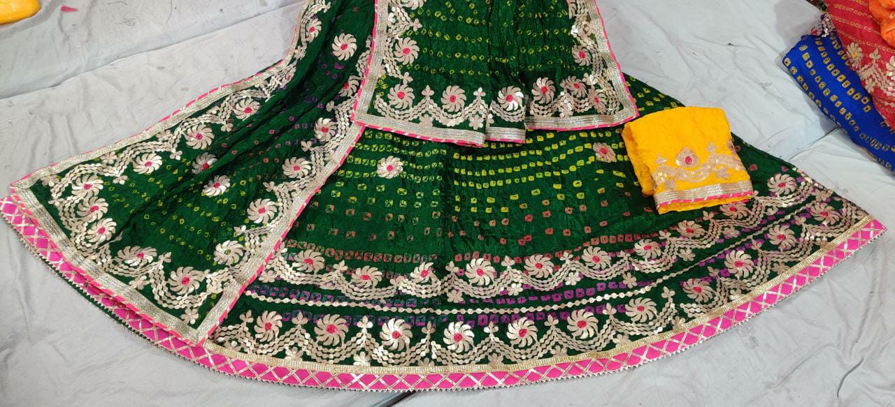 Traditional Jaipuri Heavy Gotta Patti Work Bandhej Full Stich Silk Lehanga Kml Or Green Lehenga