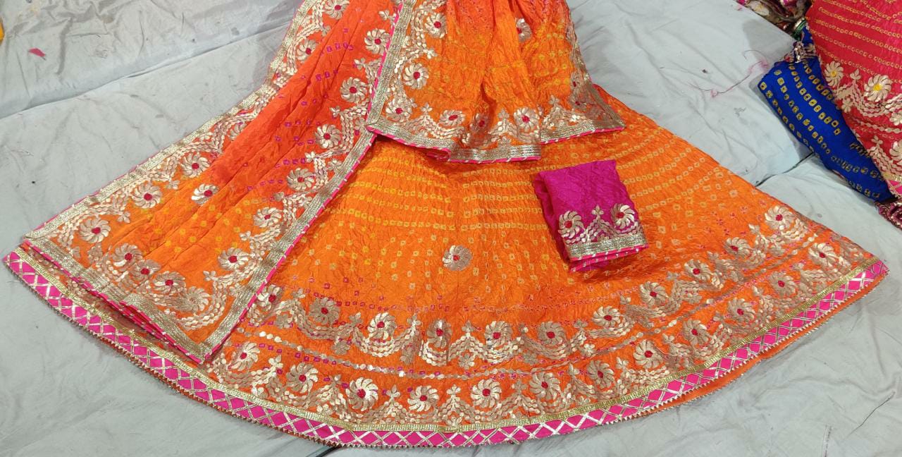Traditional Jaipuri Heavy Gotta Patti Work Bandhej Full Stich Silk Lehanga Kml Or Orange Lehenga