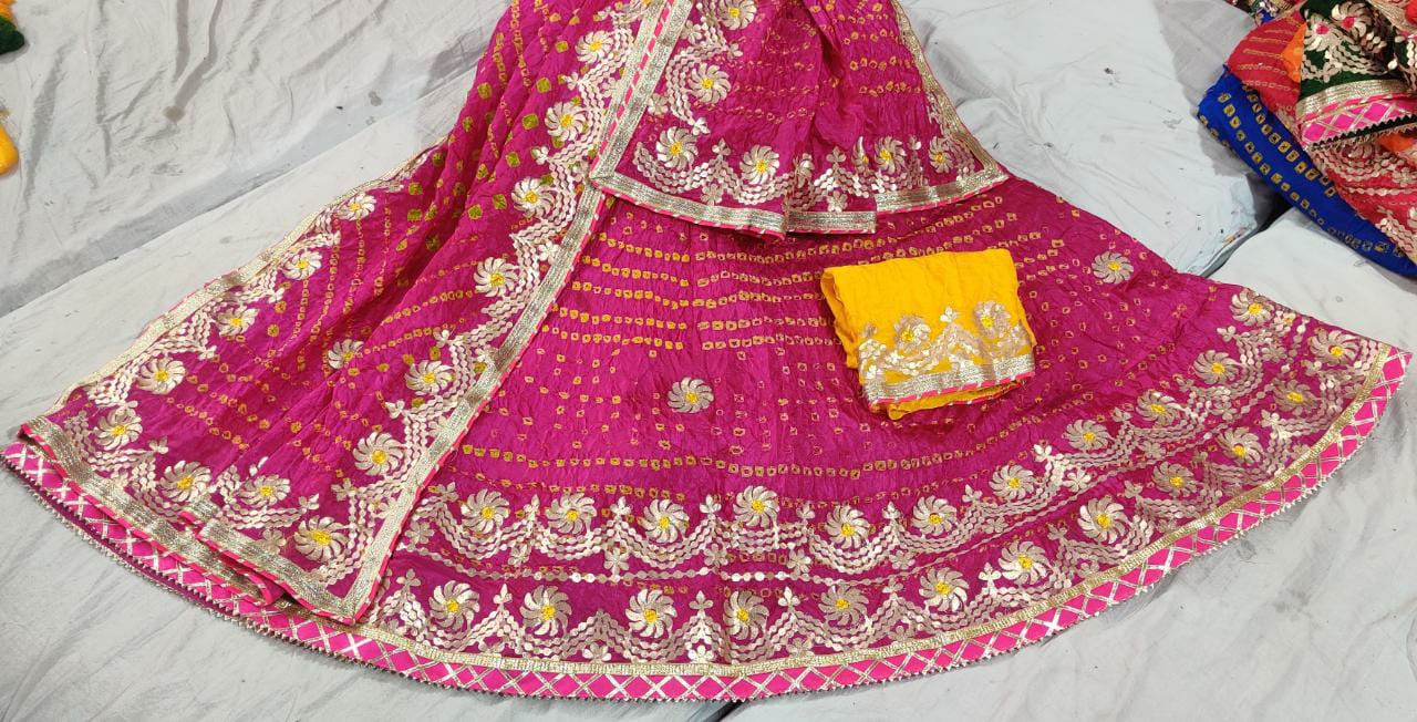 Traditional Jaipuri Heavy Gotta Patti Work Bandhej Full Stich Silk Lehanga Kml Or Rani Lehenga
