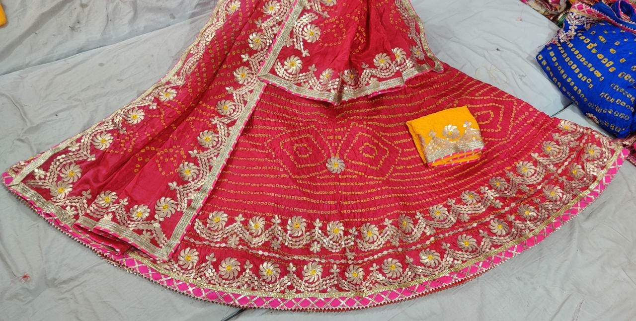 Traditional Jaipuri Heavy Gotta Patti Work Bandhej Full Stich Silk Lehanga Kml Or Lehenga