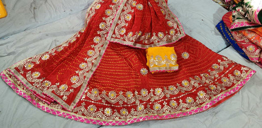 Traditional Jaipuri Heavy Gotta Patti Work Bandhej Full Stich Silk Lehanga Kml Or Red Lehenga