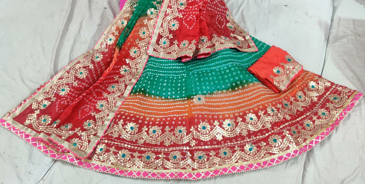 Traditional Jaipuri Heavy Gotta Patti Work Bandhej Full Stich Silk Lehanga Kml Or Green Orange