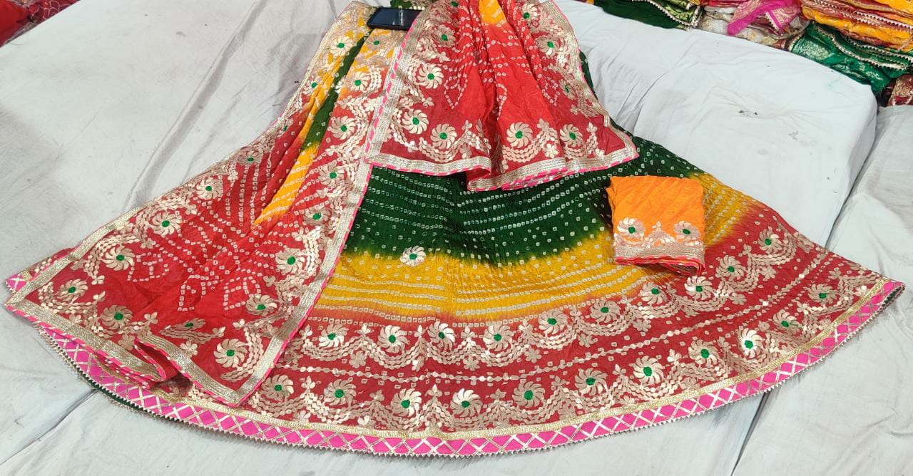 Traditional Jaipuri Heavy Gotta Patti Work Bandhej Full Stich Silk Lehanga Kml Or Green Yallow