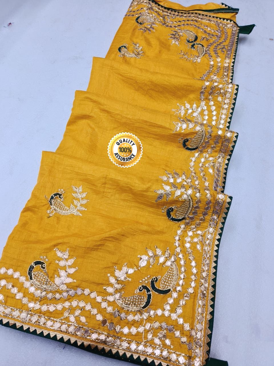 Heavy Dolla Silk Gotta Patti Embroiedry Work Rich Look Saree Ash Or Yallow