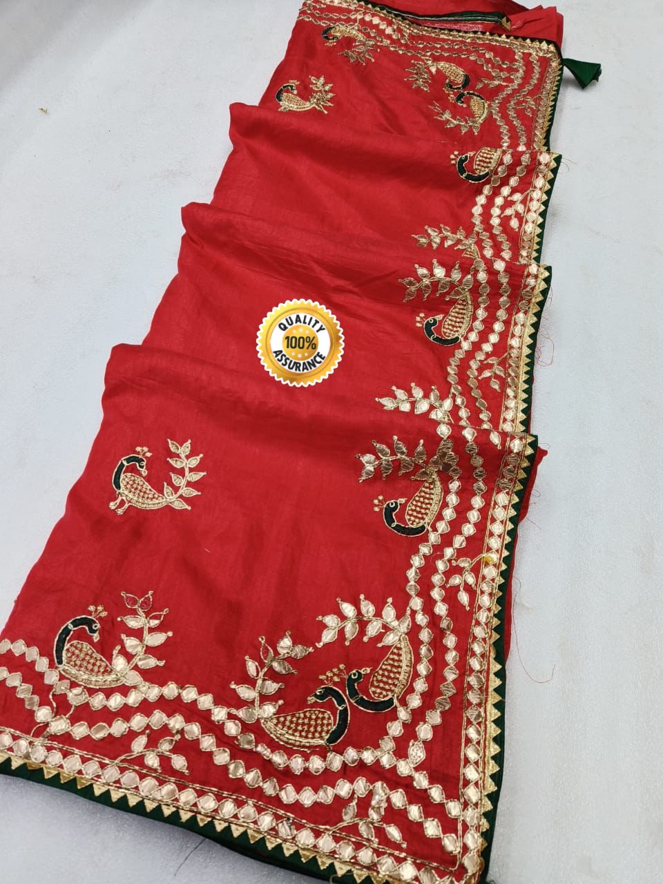 Heavy Dolla Silk Gotta Patti Embroiedry Work Rich Look Saree Ash Or Red