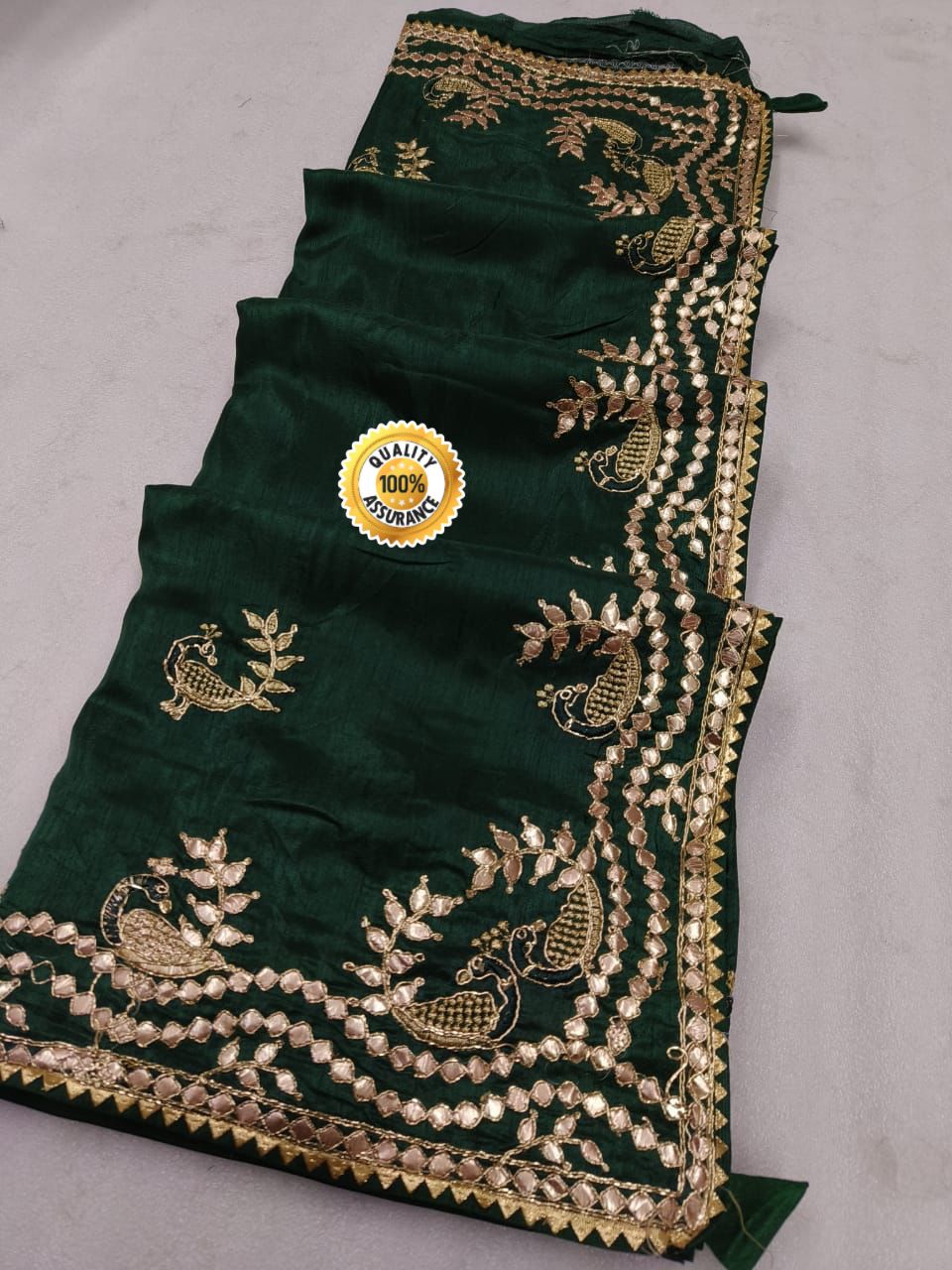 Heavy Dolla Silk Gotta Patti Embroiedry Work Rich Look Saree Ash Or Green