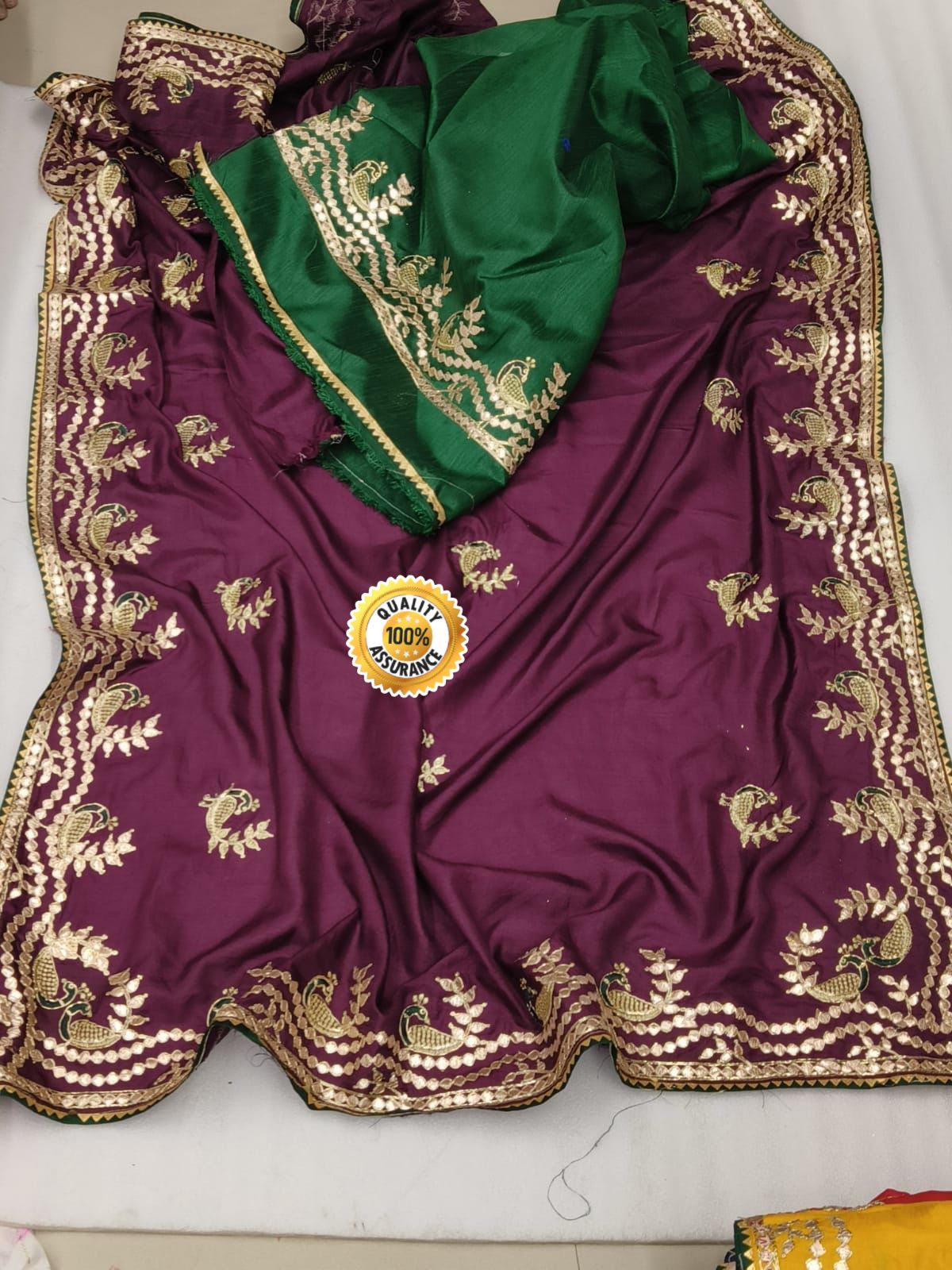 Heavy Dolla Silk Gotta Patti Embroiedry Work Rich Look Saree Ash Or