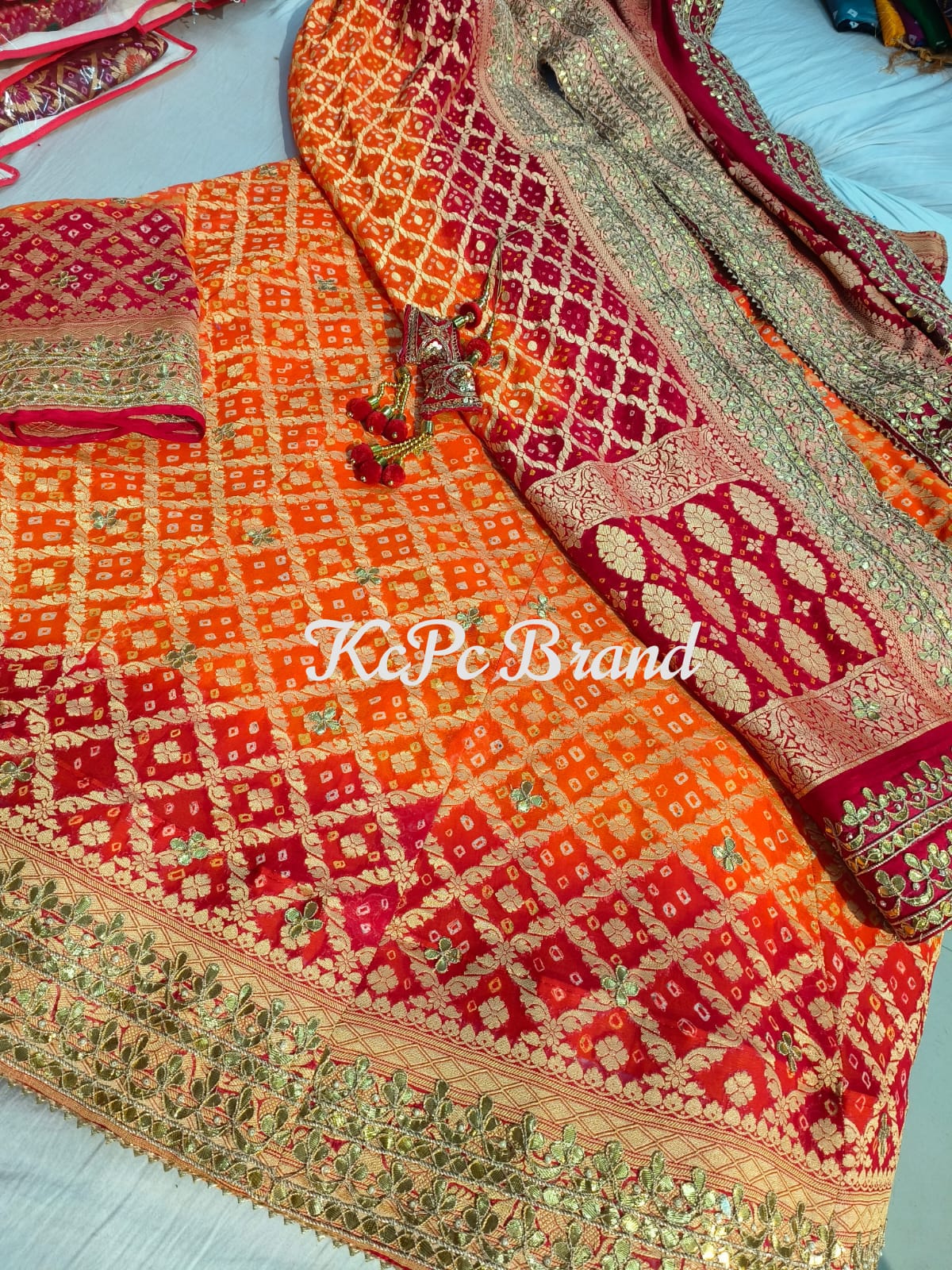 Pure Khaddi Georgette Banarasi Bandhej Ghatchola Gota Patti Lehenga Kcpc Nr Orange Red