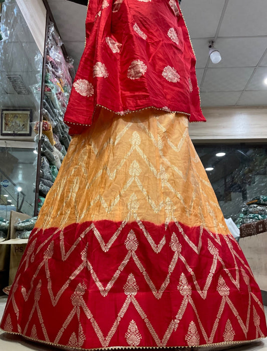 Beautiful Zari Silk Duptta Lehanga Kml Or Peach Red Lehenga