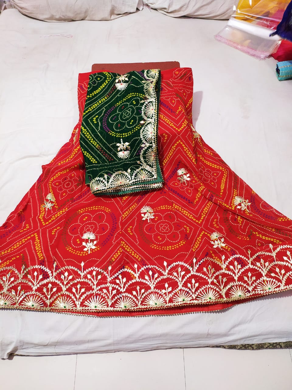 Pure Gorgette Bahndej Kachchi Patti Work Duppta Lehenga Rtk Nr Lehenga