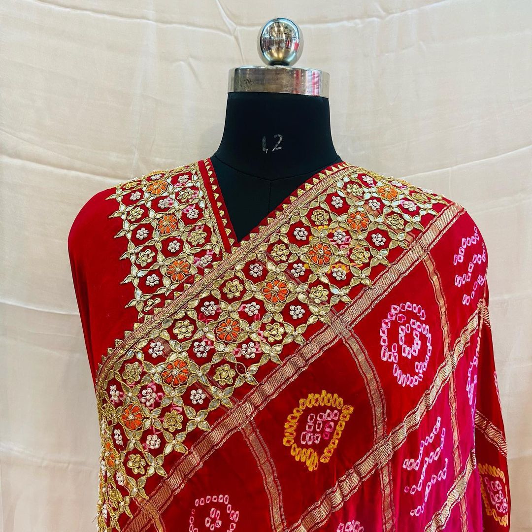 Pure Gaji Silk Gotapatii Dabka Moti Work Saree Sth Nr Red