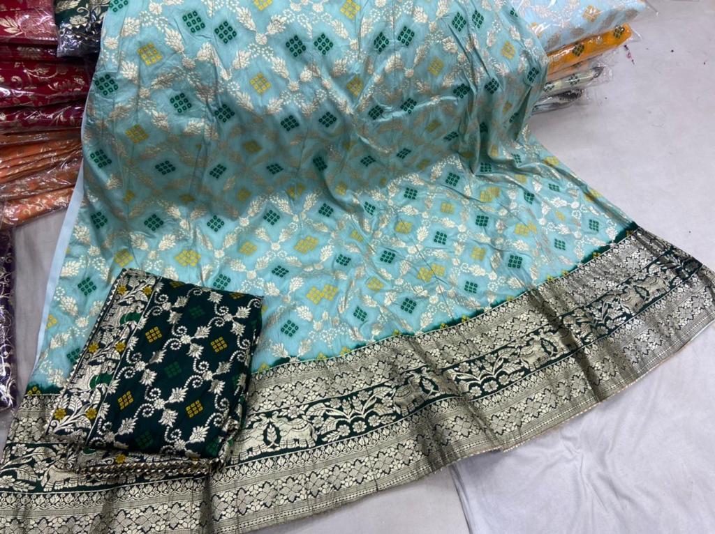 Pure Banarasi Dolo Silk Zari Weaving Lehanga With Jaipuri Dai Dola Banarasi Dupatta Kml Nr Lehenga