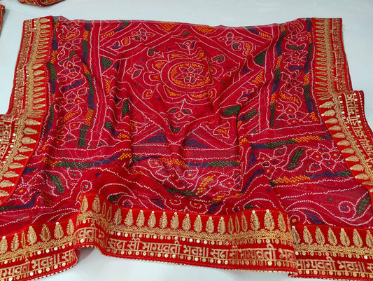 Rajasthani Marwadi Chunri Pila Dupatta Pure Georgette Fabric Handmade Bandhani Dyeing Or Kcpc Red