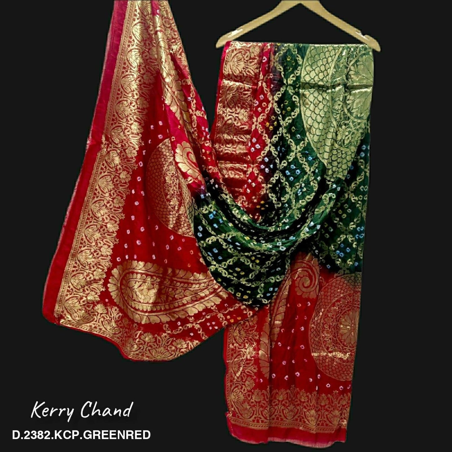 Banarasi Bandhej Gharchola Jangla Dupatta Kc Or Green Red