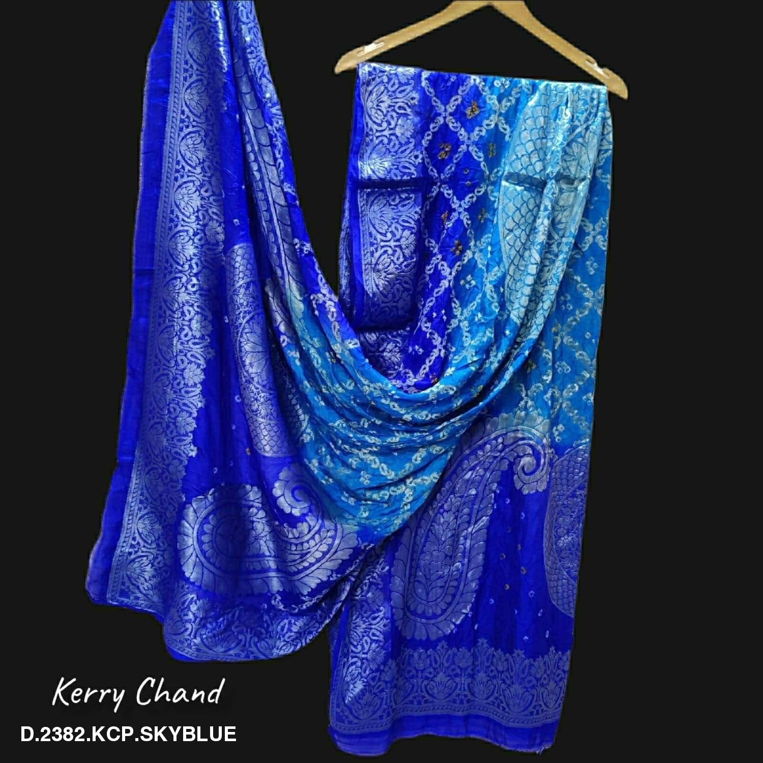 Banarasi Bandhej Gharchola Jangla Dupatta Kc Or Sky Blue