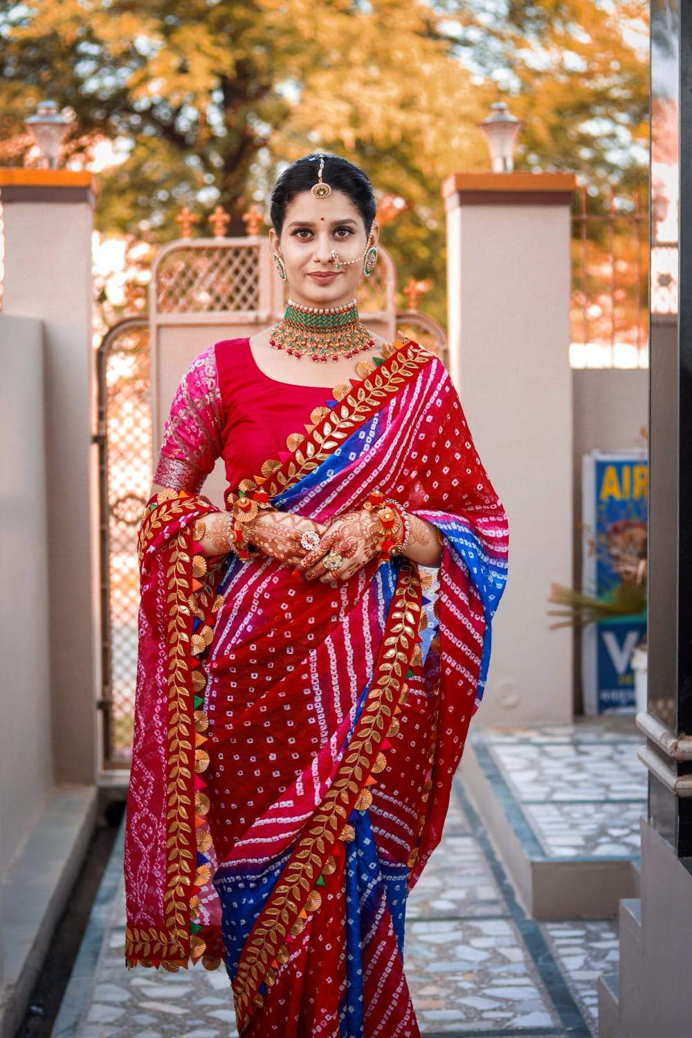 Greean with Pink Soft Brasso Bandhani Saree with Embroidered Blouse | TST |  The Silk Trend