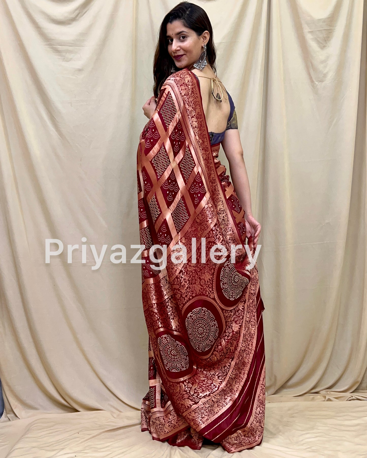 Gaji Silk Bandhani Ghatchola Ajrakh Print Saree with Blouse with Designer Pallu weaving