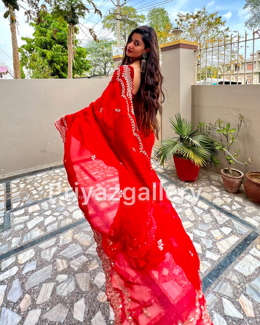 Heavy Taby Organza With Attractive C Pallu Siquance Embroidery With Cut Work