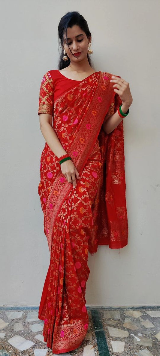 Latest Pure Banarasi Red Saree - KcPc Bandhani