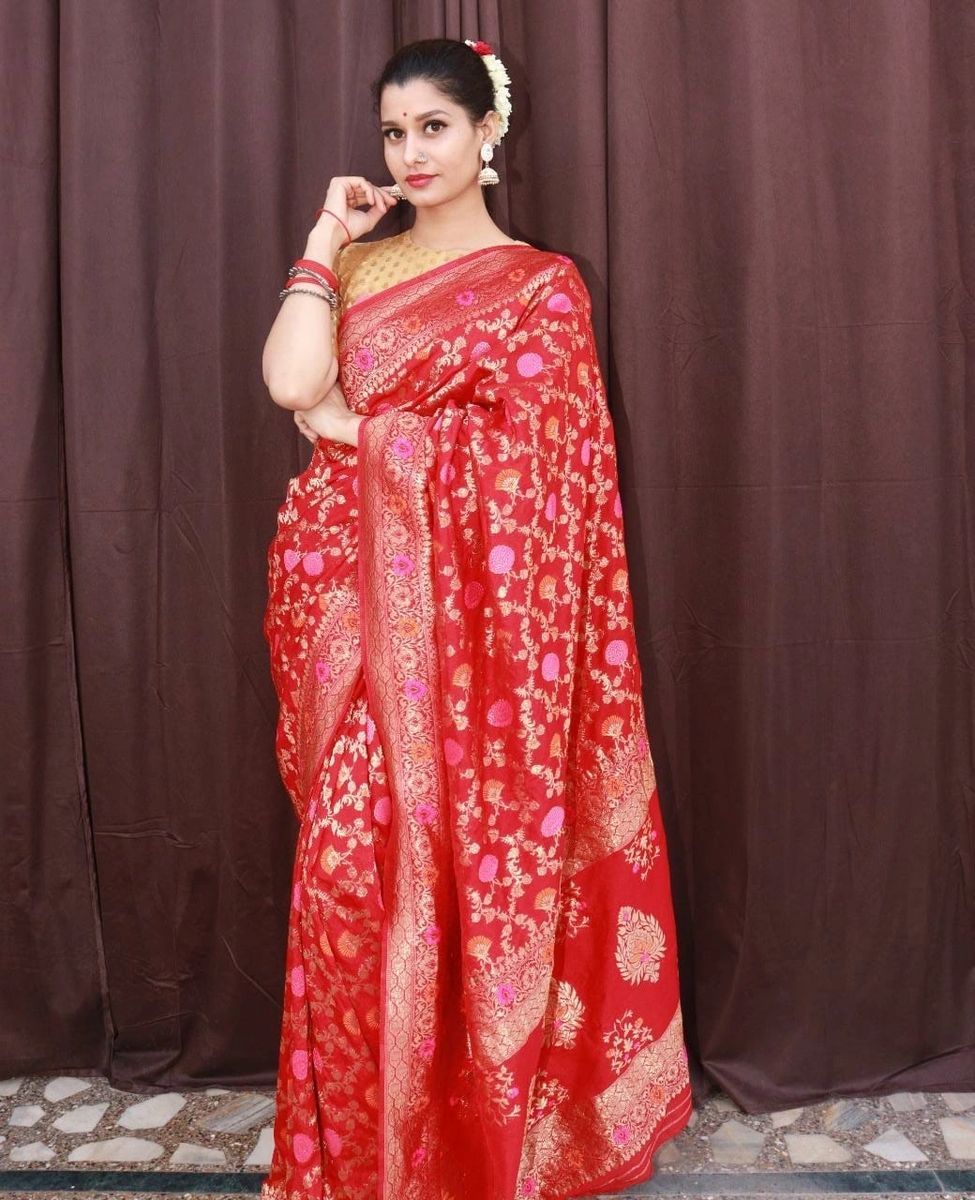 Shikaargah Peacock Jaal Ombre Shaded Pure Silk Georgette Banarasi Saree in  Pink and Red Silk Mark Certified - Etsy