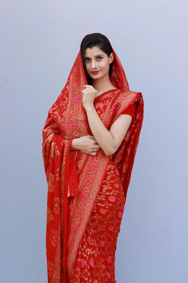 Buy Soch Red Crepe Saree with Beads with Unstitched Blouse online