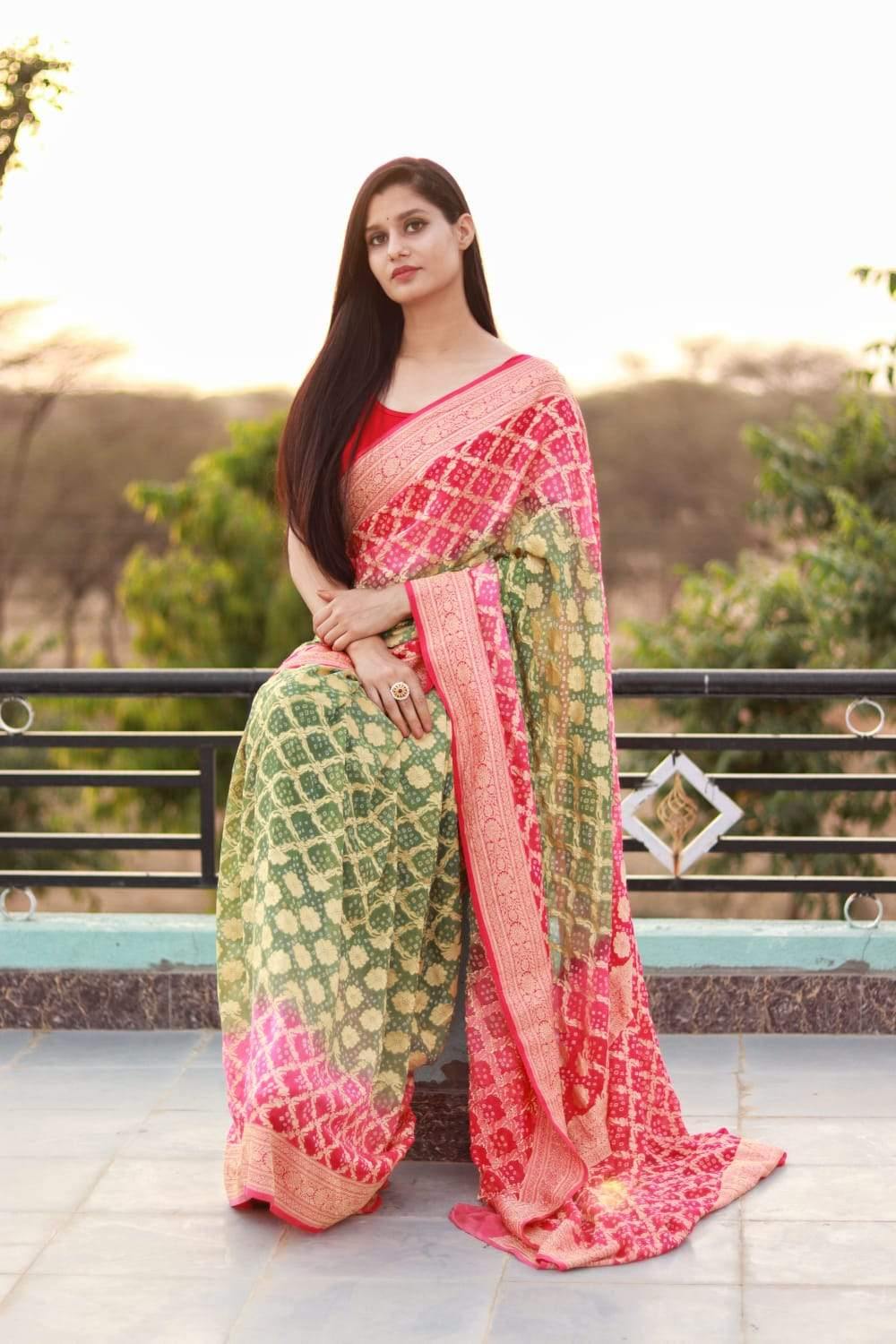 PURE BANARASI UPADA GEORGETTE RESHAM ZARI SAREE   - KcPc Bandhani