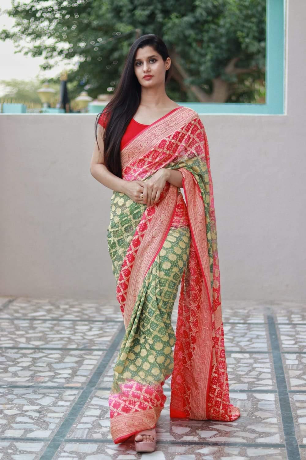 PURE BANARASI UPADA GEORGETTE RESHAM ZARI SAREE   - KcPc Bandhani