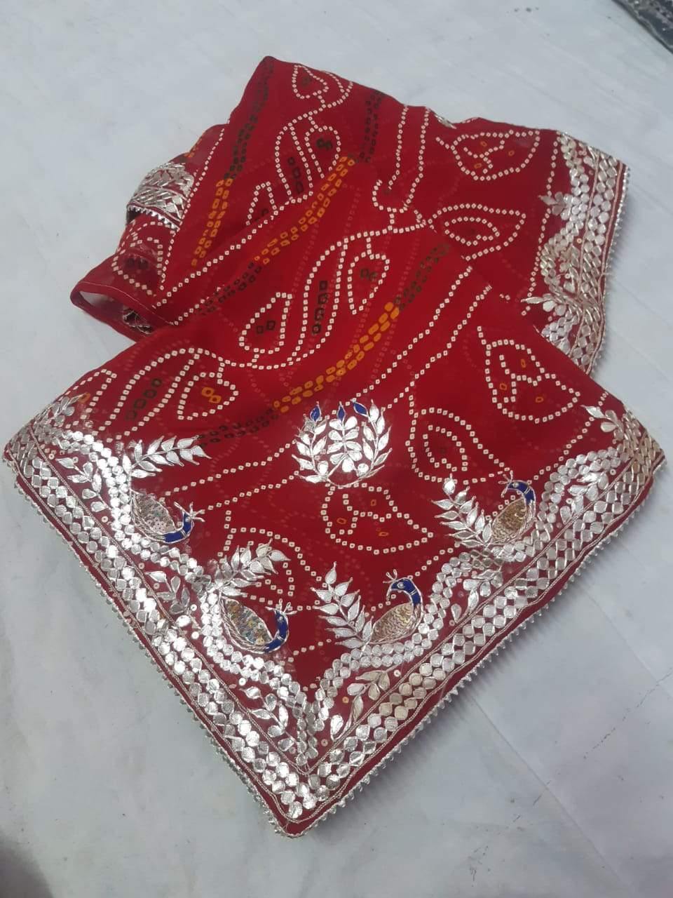 Karwa Chauth Red Bandhini Gota Patti Saree|Shop Now Rajputi Chiffon Saree |Jhakhas