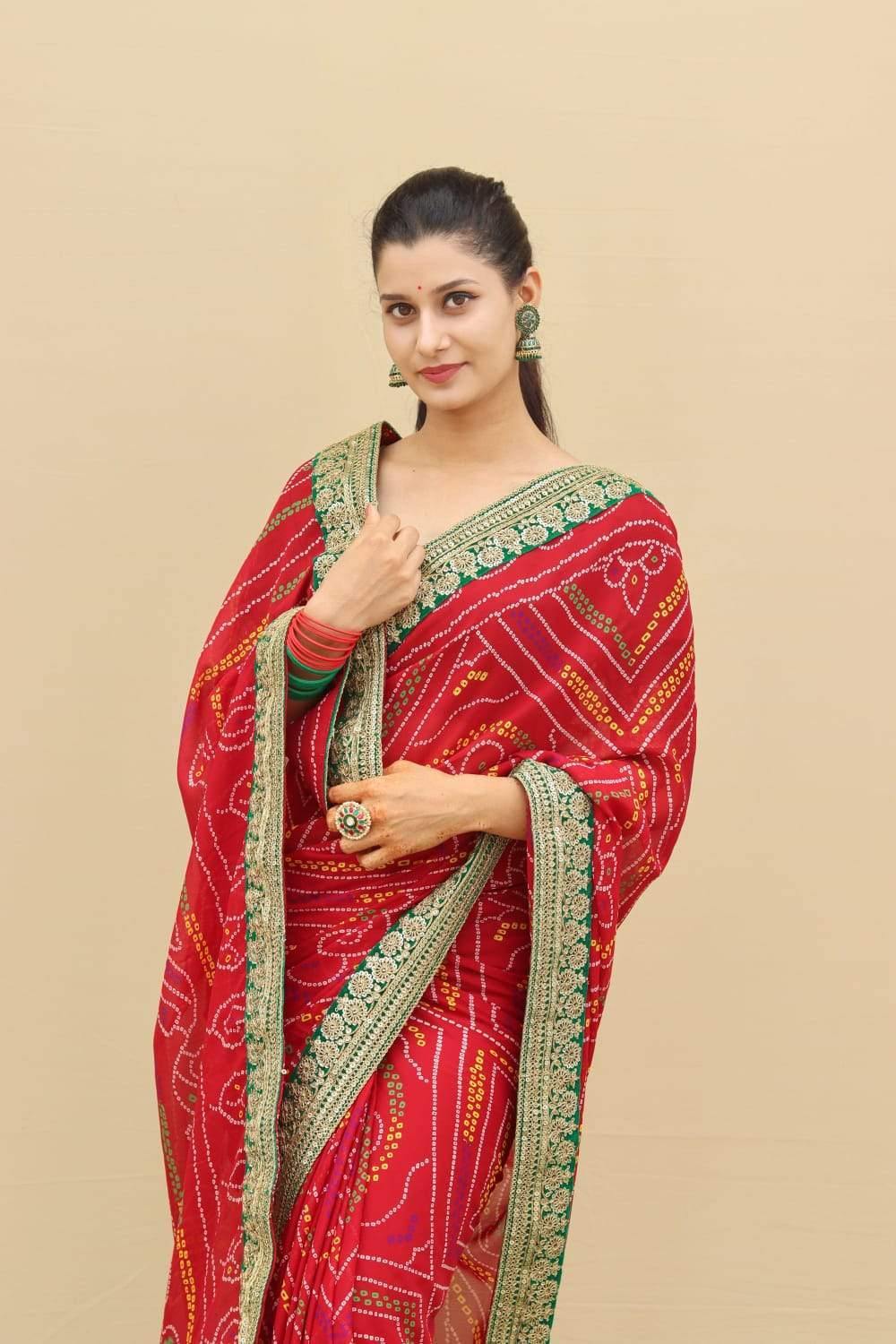 Buy Khawaish Fashions Jaipuri Bandhani Red Color MOSS Chunri Saree at  Amazon.in