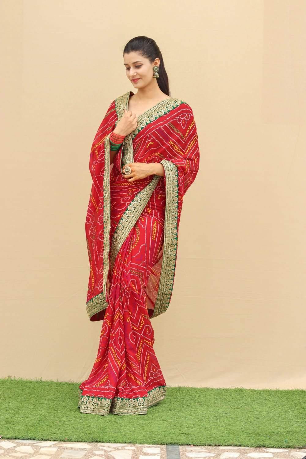 Shop Online Rajasthani Chunari Sarees Lotus Print Lace Border Bandhani Saree  – Lady India