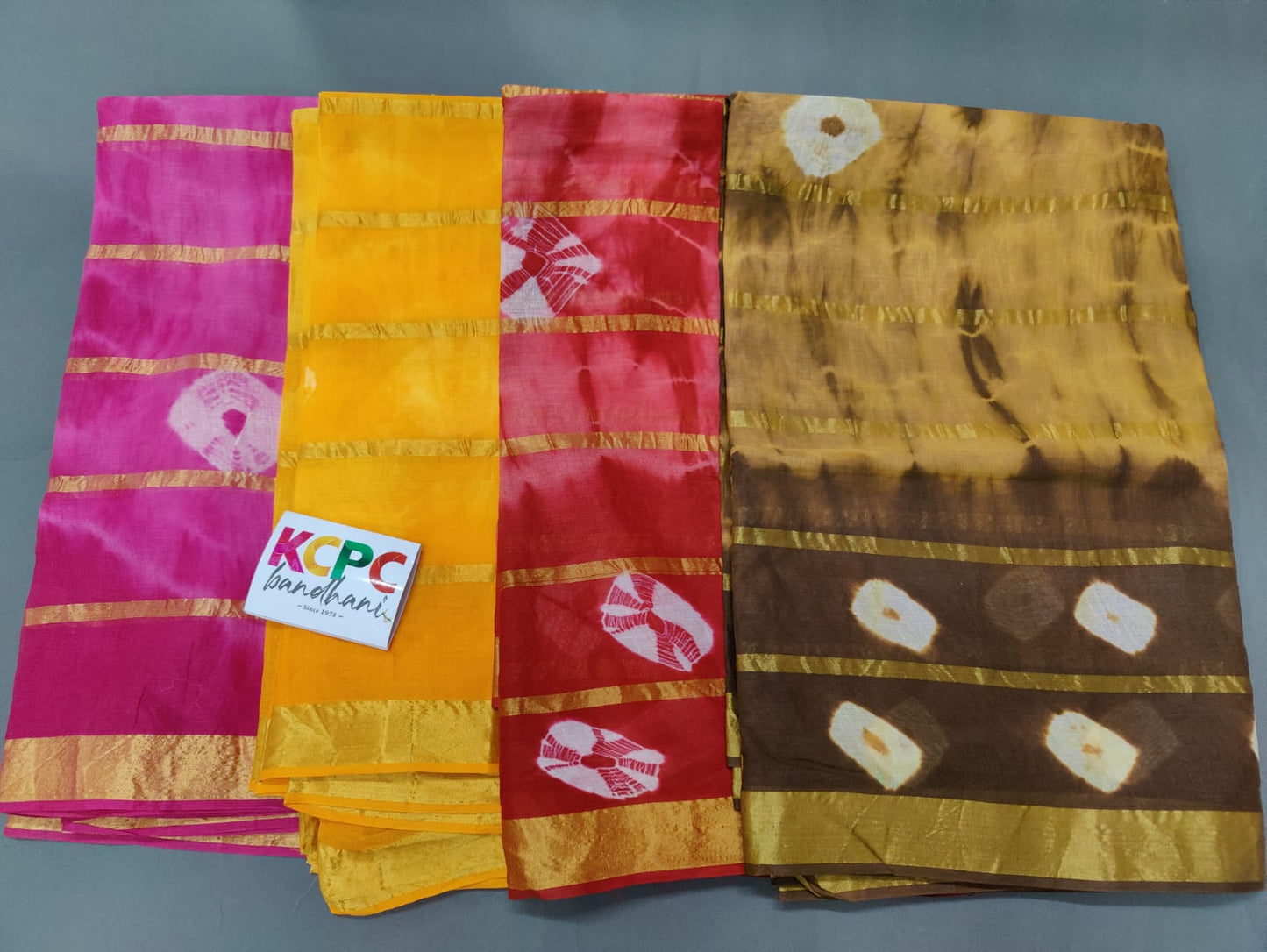 KcPc Cotton 7 Line Zari Bandhani Shibori Saree without blouse, BIK